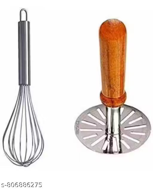 Combo Set of 2 pcs Potato Vegetable Masher & Egg Whisker kitchen Tool Steel Masher ( Pack of 2 )